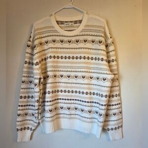 Hollister White Crewneck Sweater with Tan Heart Stripe Pattern Size S
